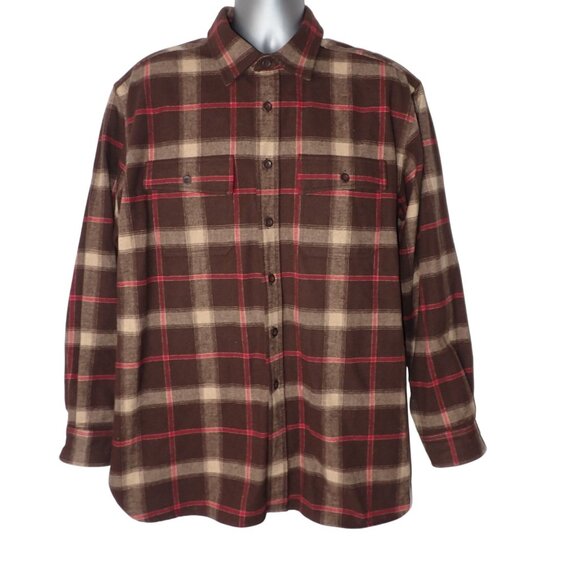 Mens Brown & Beige Long Sleeve Plaid Flannel Button-Up Shirt With Red Accents Si - Picture 1 of 7